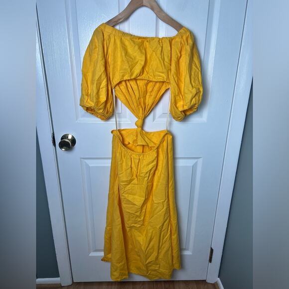 Farm Rio Linen Blend Yellow Off The Shoulder Cut Out Short Sleeve Midi Dress XS - Picture 9 of 14